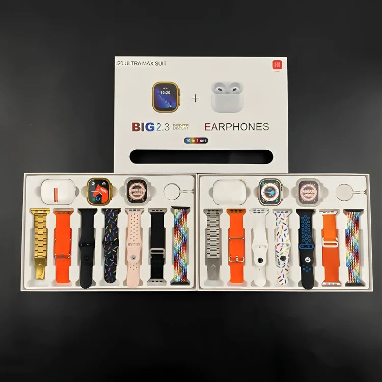 I20 Ultra Watch Max Suit Smart Watch + Earbuds (10 in 1 Set)
