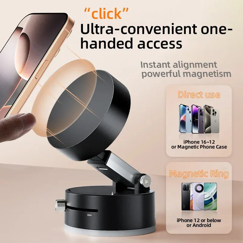 Vacuum Magnetic Phone Holder Stand – Strong Suction & 360° Rotation for Car, Desk, or Home