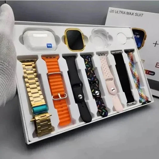 I20 Ultra Watch Max Suit Smart Watch + Earbuds (10 in 1 Set)