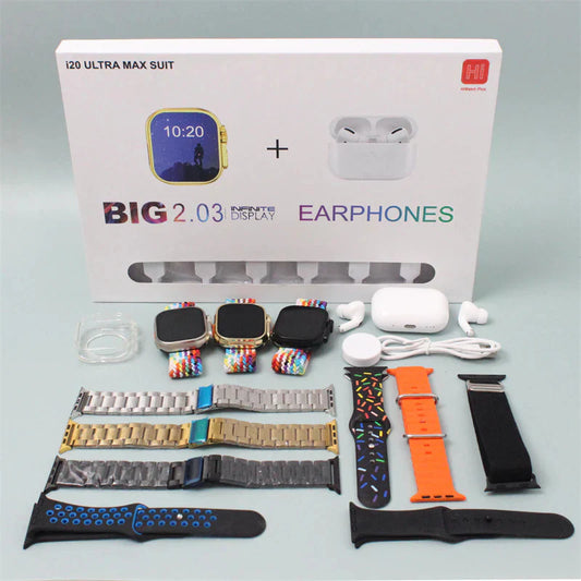 I20 Ultra Watch Max Suit Smart Watch + Earbuds (10 in 1 Set)
